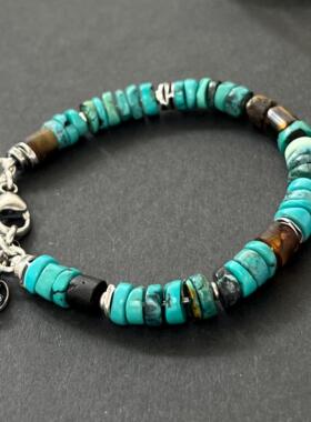 复古绿松石宝石琥珀串珠纯银手链