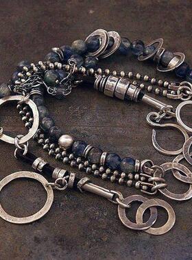 蓝色蓝晶石银珠圆圈纯银一套手链