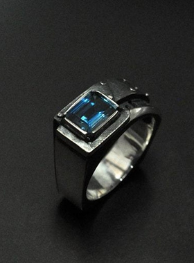 男纯银复古天然伦敦蓝托帕石戒指