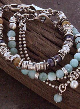 纯银柔和绿色玉石宝石链条手链