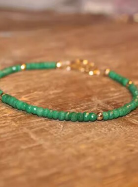 天然祖母绿串珠宝石纯银黄金手链