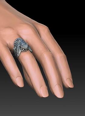 猫头鹰睿智动物抛光氧化纯银戒指