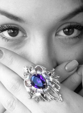 哥特黑色大号水晶花丝戒指复古