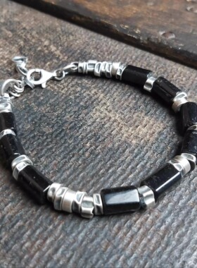 黑色抛光碧玺原银银珠纯银手链