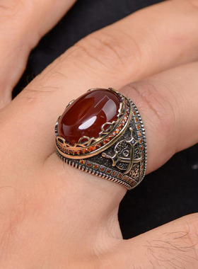 纯银复古天然红色玛瑙宝石戒指