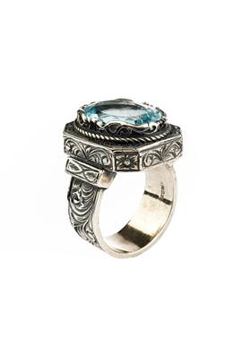 蓝色托帕石宝石镶嵌纯银雕刻戒指