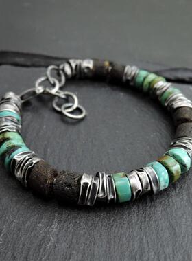 原始琥珀绿松石串珠手链925纯银