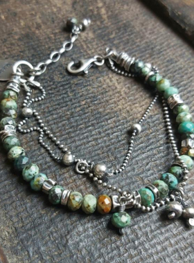 中性纯银波西米亚绿松石银珠手链