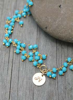 绿松石串珠字母14K金填充脚链