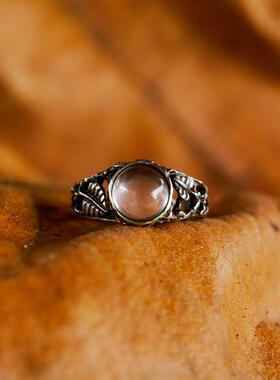 玫瑰石英自然花卉树枝环纯银戒指