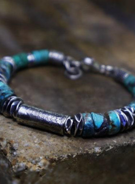 纯银复古天然绿松石宝石串珠手链