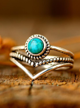 纯银波西米亚天然绿松石戒指镶嵌