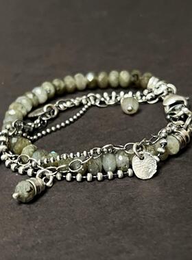 拉长石珠子宝石银链纯银叠戴手链