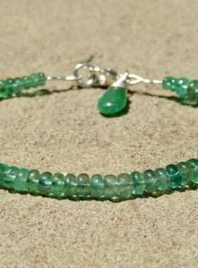 纯银祖母绿翡翠宝石串珠堆叠手链