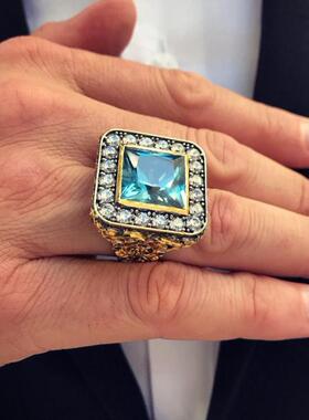 纯银镀金巴洛克海蓝宝石镶嵌戒指