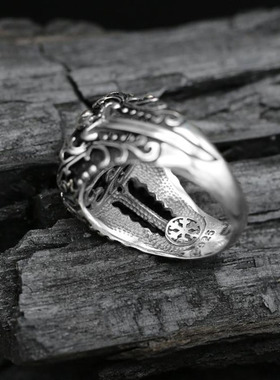 纯银复古黑色玛瑙叶子剑戒指镶嵌