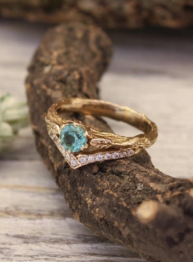 天然绿石英镶嵌钻石枝叶女士戒指