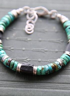 男纯银天然绿松石黑色电气石手链