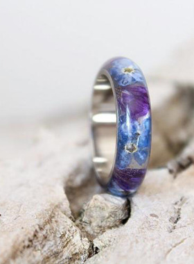 紫色花朵蓝色勿忘我真花树脂戒指