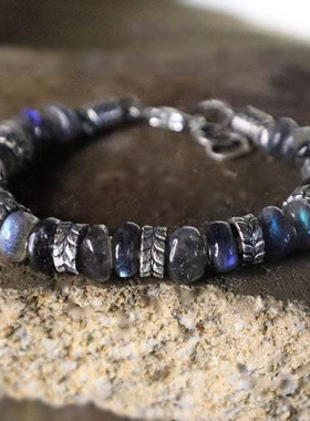 天然拉长石宝石手链纯银银珠串珠