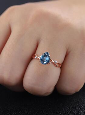 女士K金伦敦蓝色托帕石钻石戒指