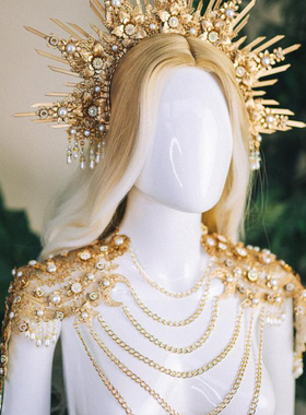 女金色光环弯月星星水钻珠子项链