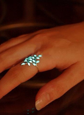 银色叶子纯银发光指环夜光戒指