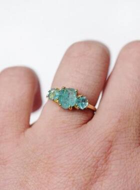 天然海蓝宝石原石戒指10K黄金