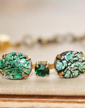 华丽水钻翡翠绿火欧泊蛋白石手链