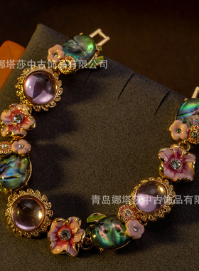 中古饰品感vintage仙气糖果色花朵首饰夏日气质甜美镶嵌手链
