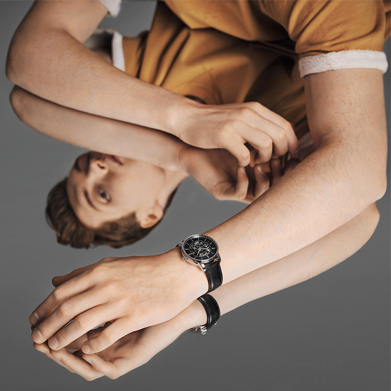 飞亚达摄影师手表男自动机械表潮流酷黑扇形镂空男表皮带腕表