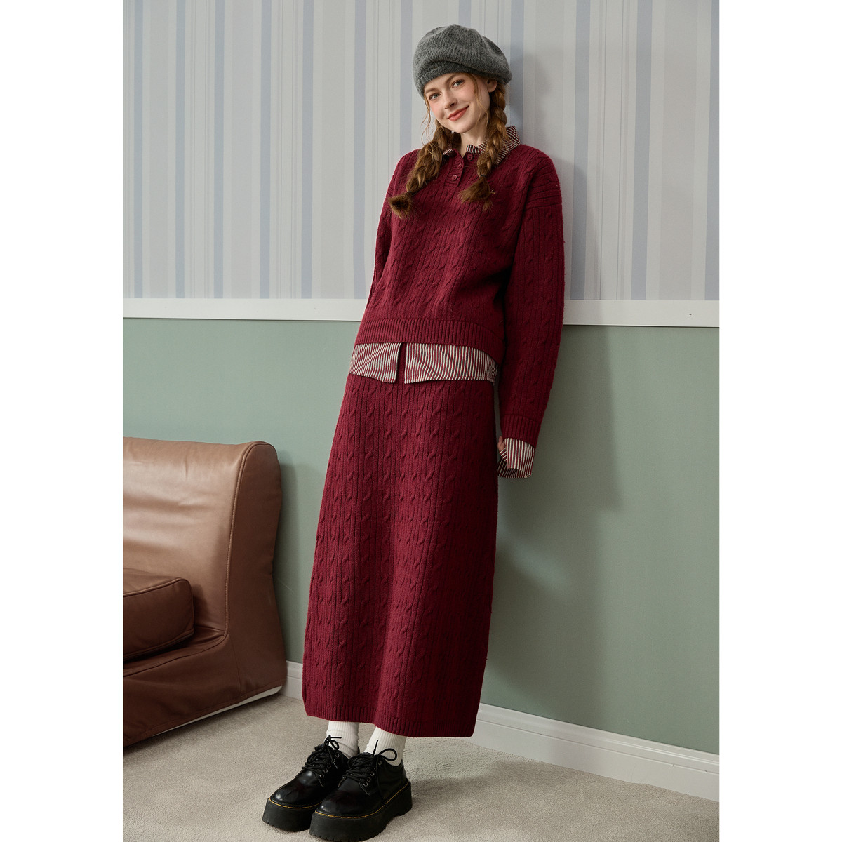 唐狮2026新款红色毛衣套装女毛线衫polo领宽松半身裙新年两件套,淘宝优惠券,粉丝福利购,淘宝优惠卷