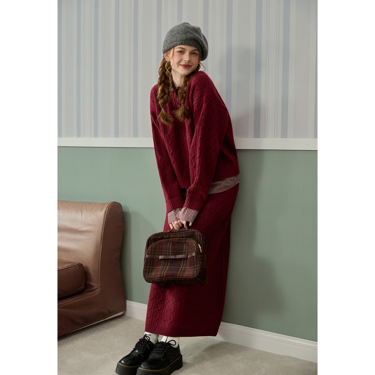 唐狮2026新款红色毛衣套装女毛线衫polo领宽松半身裙新年两件套,淘宝优惠券,粉丝福利购,淘宝优惠卷