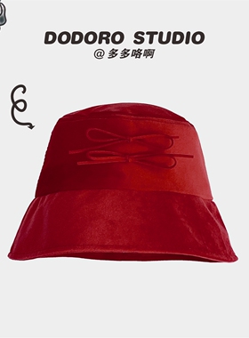 韩系复古红色蝴蝶结渔夫帽盆帽女
