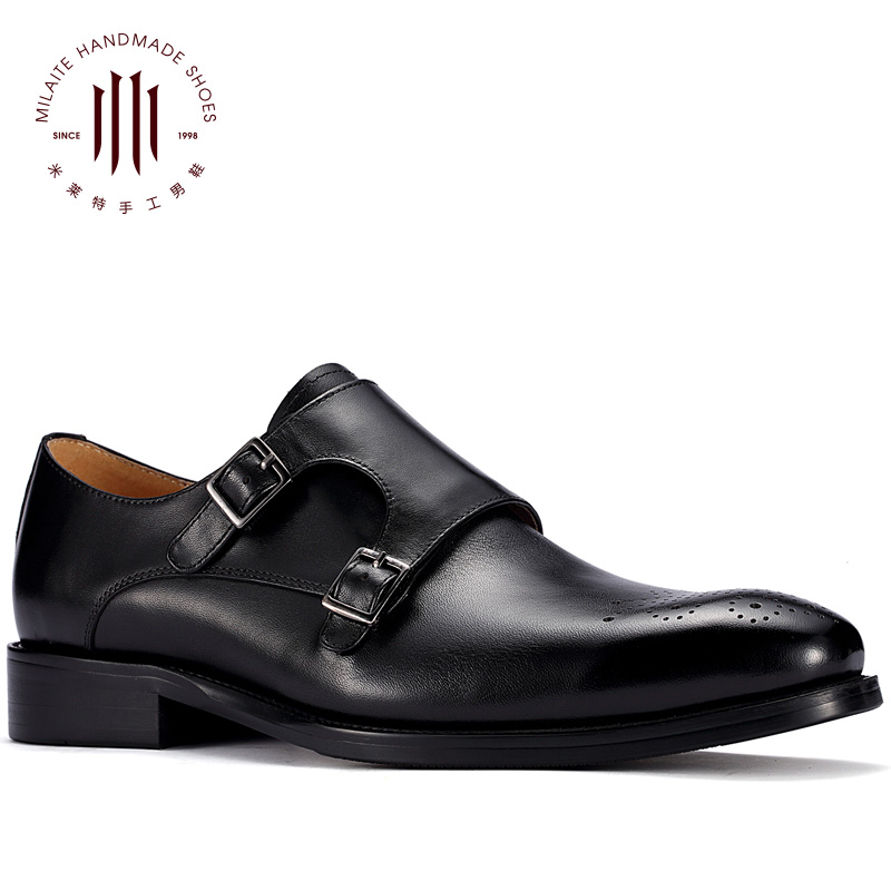 米莱特旗舰店【高档皮质系列】隐形内增高皮鞋孟克鞋布洛克雕花男鞋棕色复古潮1