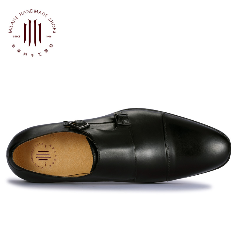 米莱特旗舰店英伦真皮鞋男士商务正装欧版搭扣僧侣孟克男鞋青年套脚一脚蹬小码3