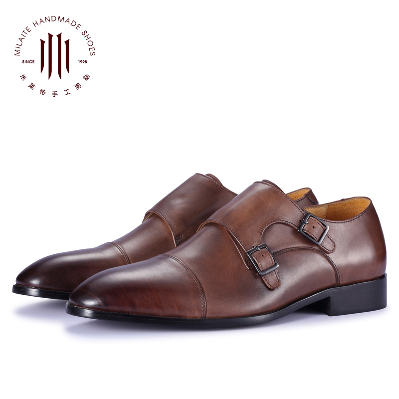 米莱特旗舰店英伦真皮鞋男士商务正装欧版搭扣僧侣孟克男鞋青年套脚一脚蹬小码1