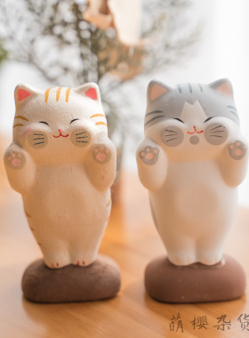 京都陶土龙虎作招福卖萌猫工艺品
