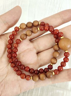 原创天然南红玛瑙檀木手链本命年小众设计复古风简约显白双圈手串