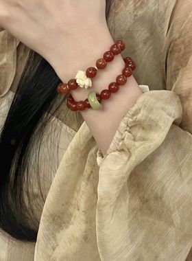 新款原创设计天然红玛瑙手串搭配莲花招财本命年红手串双圈水晶
