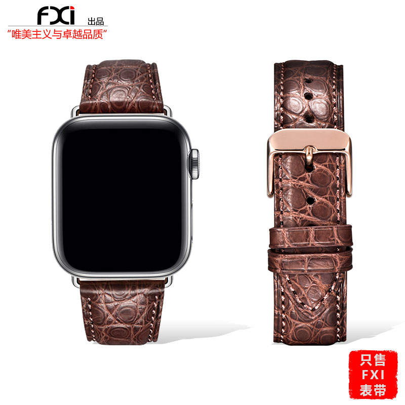 fxi【手工定制】黑色棕色鳄鱼皮applewatch表带苹果表带iwatchs9876543表带iwatch Ultra21表带真皮手表表带-图0