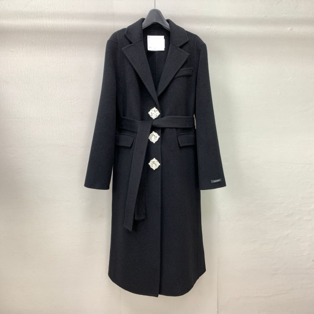 2025年秋冬新款白色双面羊绒大衣女长款系带钻扣羊毛呢子外套女厚