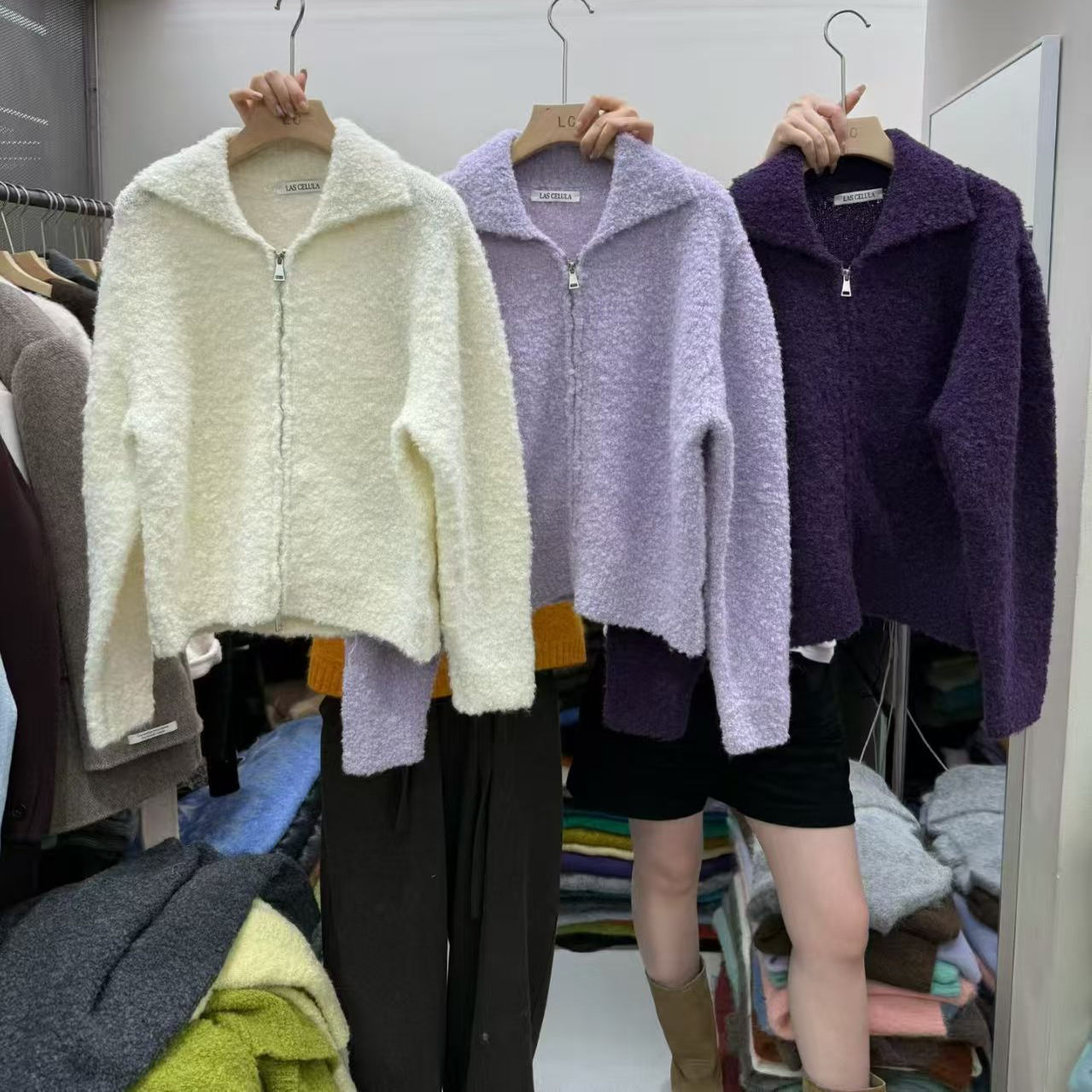 LAS CELULA正品实体店同款韩版宽松翻领拉链针织开衫女毛衣外套潮 - 图0