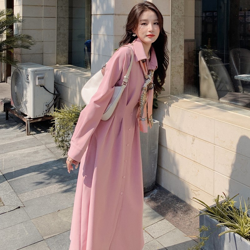 粉色长袖连衣裙女秋季2022新款气质法式显瘦减龄奶fufu收腰长裙子
