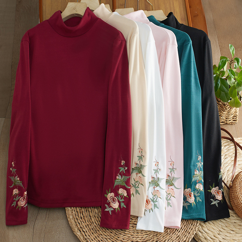 秋冬新款双面复古德绒文艺刺绣打底高领保暖民族长袖T恤上衣 - 图2