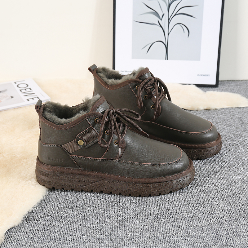 雪地靴男短筒系带羊毛靴子光面皮防水防滑保暖皮毛一体东北棉鞋 - 图1