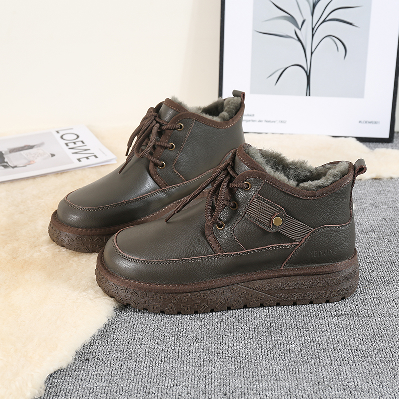 雪地靴男短筒系带羊毛靴子光面皮防水防滑保暖皮毛一体东北棉鞋 - 图3