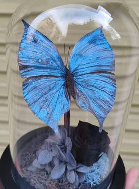 大蓝闪蝶平替闪蝶蝴蝶标本立体摆台送女友生日礼物玫瑰永生花摆件
