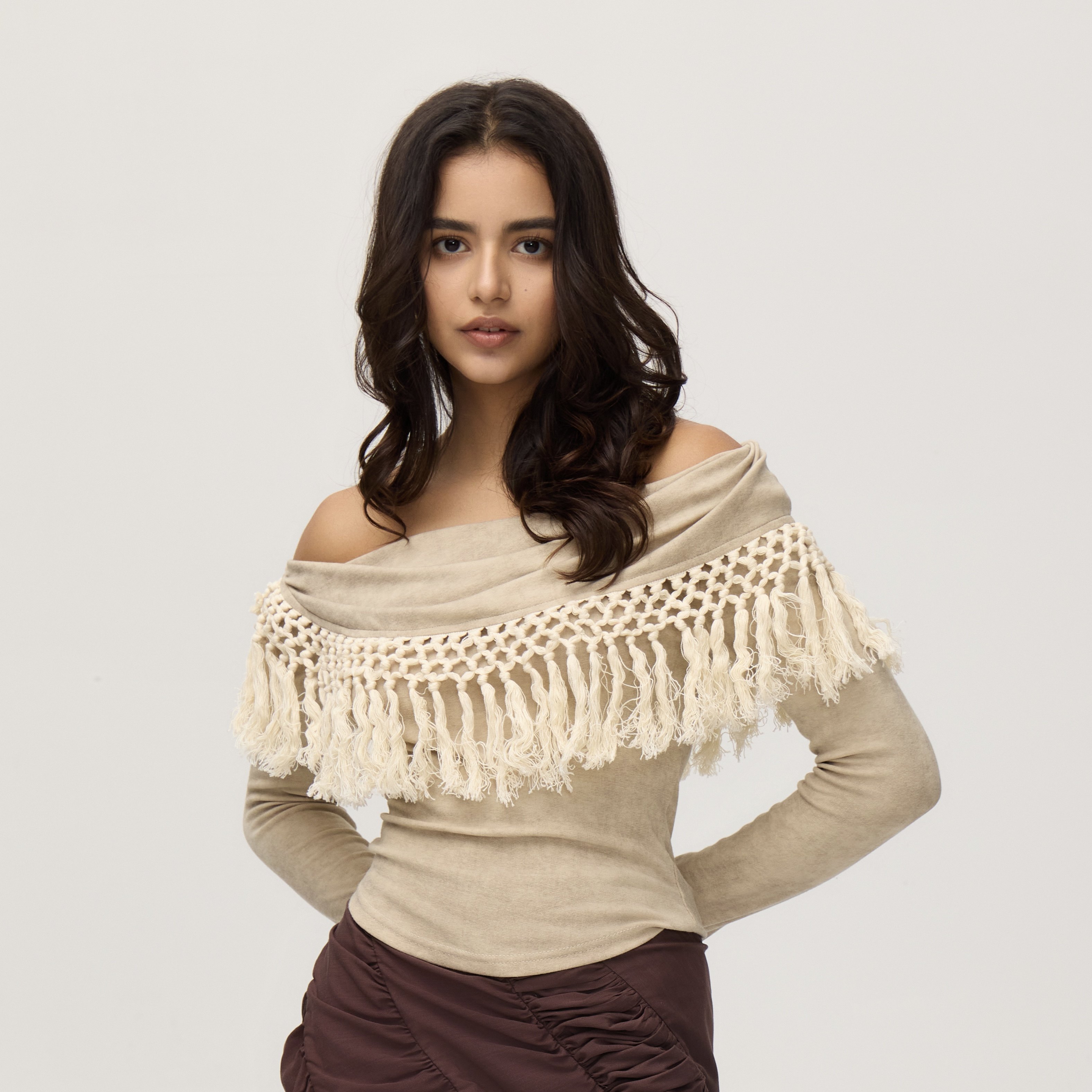 波西米亚波嬉风流苏露肩针织衫女一字肩斜肩翻领修身春夏秋上衣,淘宝优惠券,粉丝福利购,淘宝优惠卷