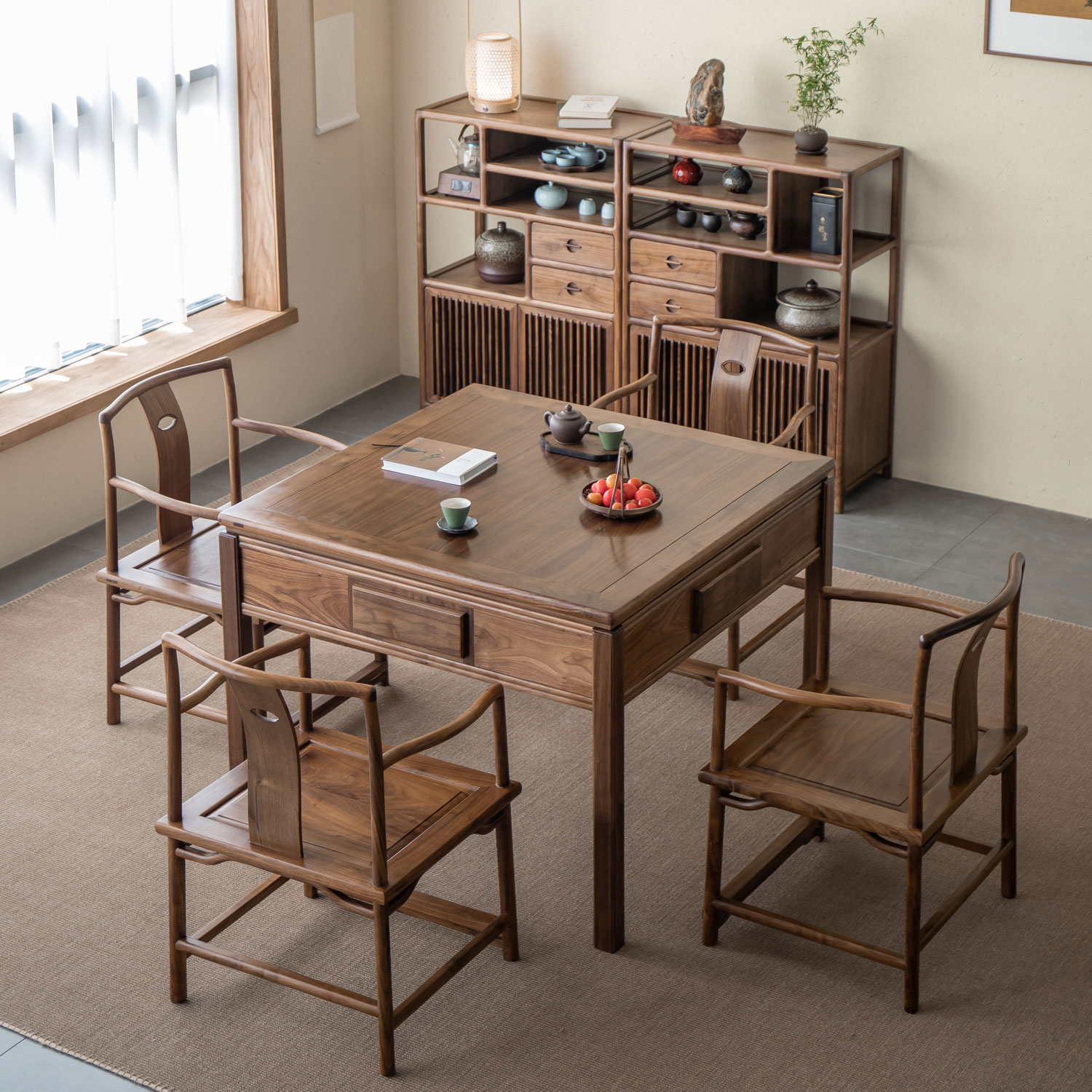 新中式黑胡桃麻将桌实木家用棋牌一体全自动静音电动机芯 - 图1